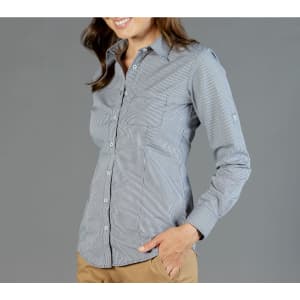 A button-up shirt in a black and white gingham pattern, featuring a fitted design and long sleeves.
