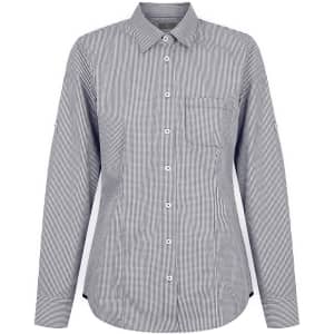 A button-up shirt in black and white gingham pattern with a single chest pocket. Features long sleeves and a collar.