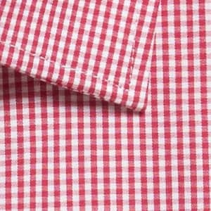 A close-up view of a red and white gingham patterned button-up shirt collar with neat stitching.