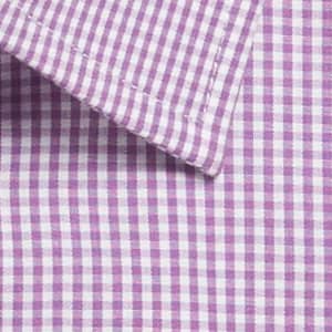 A close-up of a purple and white gingham patterned button-up shirt featuring a collared neckline.