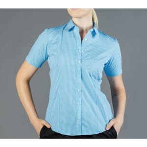 A short-sleeved button-up shirt in blue gingham pattern, featuring a fitted design and a collar.