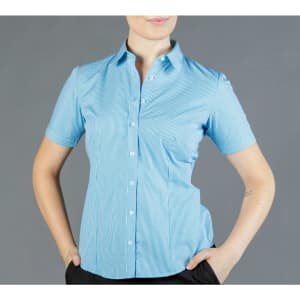 A button-up shirt in light blue gingham pattern with short sleeves and a classic collar, featuring a logo on the chest.