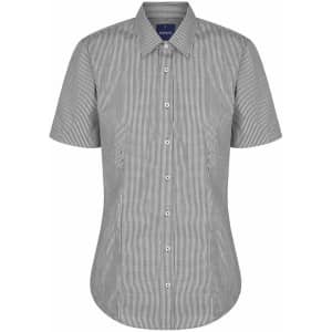 A button-up shirt featuring a black and white gingham pattern with short sleeves and a curved hem. It has a logo on the label.