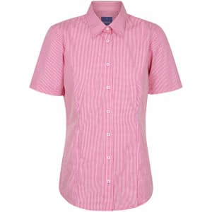 A pink and white gingham button-up shirt featuring short sleeves and a collared neckline. It has a branding logo.