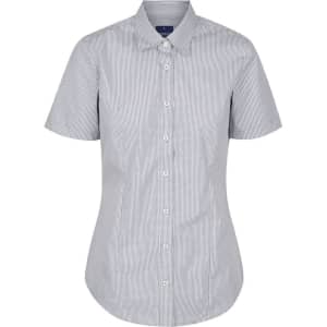 A short-sleeved button-up shirt in a blue and white gingham pattern, featuring a collar and front buttons.