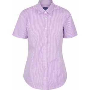 A short-sleeved button-up shirt in a pink and white gingham pattern, featuring a collared neckline.