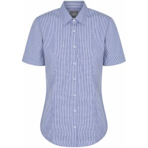 A short-sleeve button-up shirt in blue and white gingham pattern. Features a collar and a logo on the label.