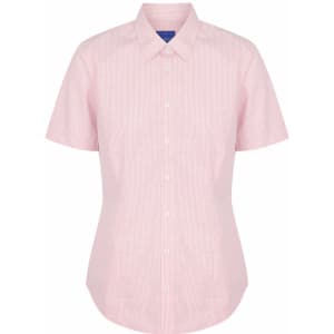 A short-sleeve button-up shirt in pink and white gingham pattern, featuring a collar and a subtle brand logo.