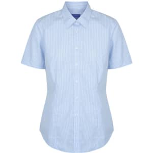 A short-sleeved button-up shirt in light blue gingham with a collar and a fitted shape. It features a logo on the collar.