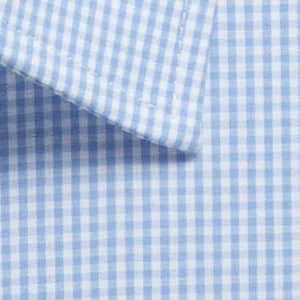 A close-up of a light blue and white gingham fabric, featuring a folded collar and check pattern.