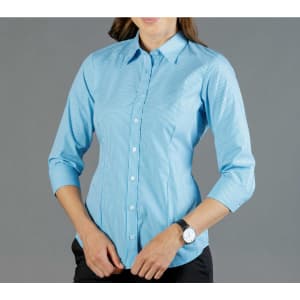 A blue gingham button-up shirt with a fitted design and three-quarter sleeves, featuring a logo on the chest.