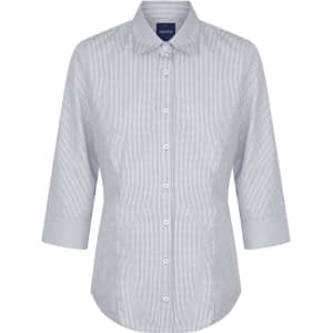 A button-up shirt in a blue and white gingham pattern, featuring a collared neck and three-quarter sleeves. It has a logo.