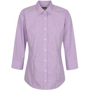 A button-up shirt featuring a purple and white gingham pattern with three-quarter sleeves and a collar.