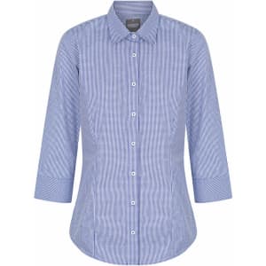 A button-up shirt in blue and white gingham pattern, featuring a collar and three-quarter sleeves.
