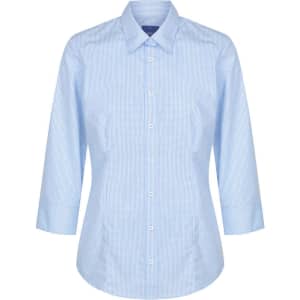 A light blue button-up shirt featuring a gingham pattern and three-quarter sleeves. It includes a logo on the collar.