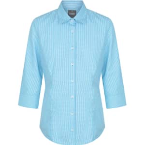 A button-up shirt in light blue gingham pattern with three-quarter sleeves and a collar. It features a logo at the neck.