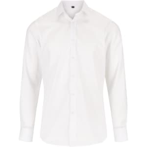 A white button-up shirt with long sleeves and a slim fit design. It features a brand logo.