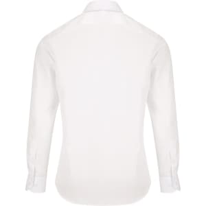 A white button-up shirt with long sleeves, featuring a plain back and a logo on the collar.