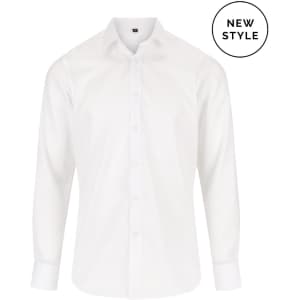 A white button-up shirt with a slim fit and a collar, featuring a logo on the chest.