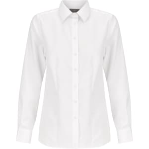 A white button-up shirt for women, featuring a classic collar and long sleeves. The shirt has a branding logo.