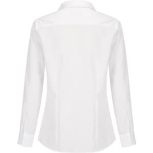 A white button-up women's shirt with long sleeves and a collar, featuring a logo on the back.