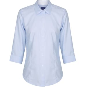 A light blue button-up shirt with three-quarter sleeves and a collar. It features a logo on the chest area.