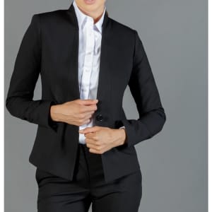 A tailored black jacket with a fitted silhouette, featuring a high collar and button closure.