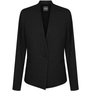 A black cardigan jacket with a single button closure and long sleeves, featuring a branded label.