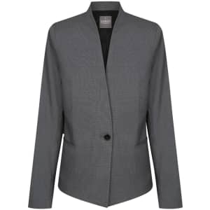 A grey cardigan jacket featuring a single button closure and two front pockets, with a subtle textured pattern.