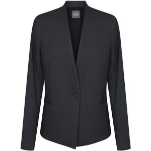 A dark green cardigan jacket with a single button closure and a structured design. It features a logo on the inside.