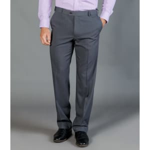 Dark grey slacks with a tailored fit, featuring side pockets and a button closure, worn with black shoes.