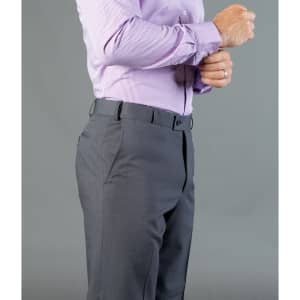 Elliot Pants in dark grey, featuring a tailored fit with belt loops, styled with a light purple shirt.