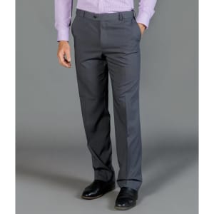 A pair of grey slacks with a straight leg design, featuring side pockets and a front crease.