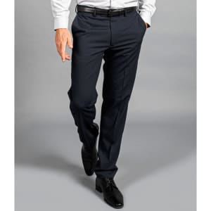Smart dark grey slacks with a tailored fit, featuring pockets and a belt, paired with shiny black shoes.