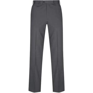 A pair of grey slacks with a straight fit and subtle texture, featuring a waistband and no visible branding.