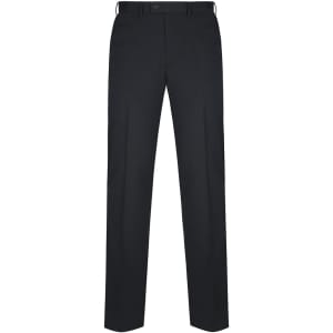 Black slacks with a tailored fit, featuring a waistband and a subtle pinstripe pattern. Includes a logo detail.