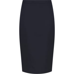 A navy blue longline pencil skirt with a sleek, fitted design and a smooth finish. Features branding on the inside.