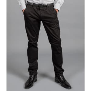 Black chinos with a slim fit, featuring a belt and a casual style, suitable for various occasions.