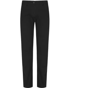 A pair of black chinos with a fitted design and front pockets, featuring a branding logo.