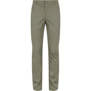 A pair of olive green chinos with a straight leg and a front button closure. The pants feature a subtle logo.