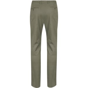 A pair of olive green chinos with a straight leg and two back pockets, featuring a subtle logo.