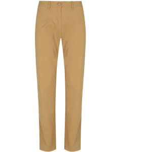 A pair of tan chinos featuring a straight-leg design and a button closure, with a logo on the waistband.