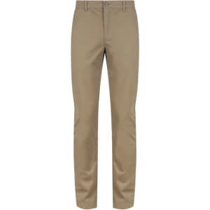 A pair of tan chino pants with a button closure and a brand logo on the waistband.