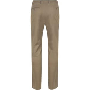 A pair of khaki chinos featuring a classic fit and back pocket details, with a small logo on the waistband.