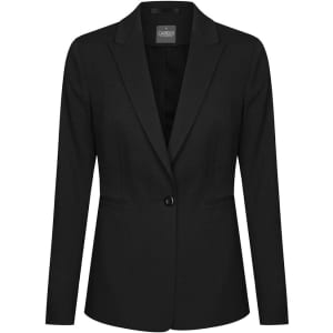 A black blazer featuring a single button closure and a classic lapel design, with a logo inside.