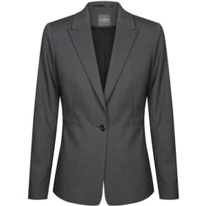 A grey blazer with a single button closure and a slim fit design. Features a logo on the inside label.