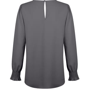 A grey long-sleeve blouse with shirred cuffs and a keyhole back detail, featuring a logo on the label.