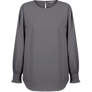 A grey long-sleeve top with shirred cuffs and a round neckline, featuring a subtle keyhole detail at the back.