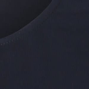 A close-up view of a navy fabric with a smooth texture, featuring a round neckline and neat stitching.