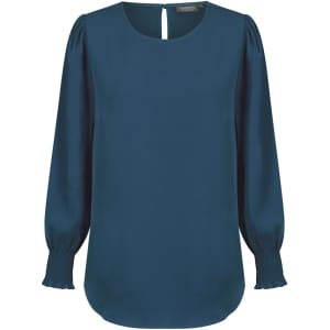 A teal blouse with a round neckline, long puff sleeves, and shirred cuffs. It features a keyhole opening at the back and has a brand logo.